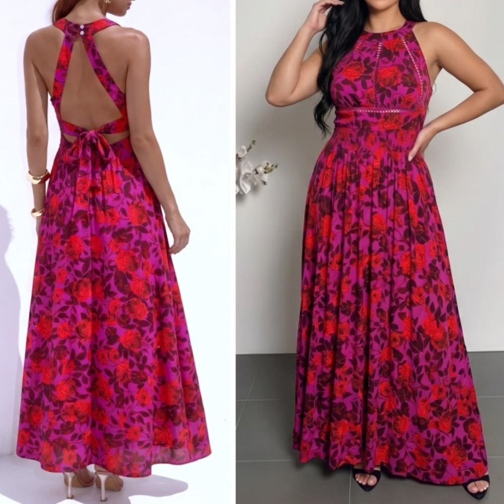 Abel The Label Charlotte Halter Maxi Dress Pink Red Floral Size Small